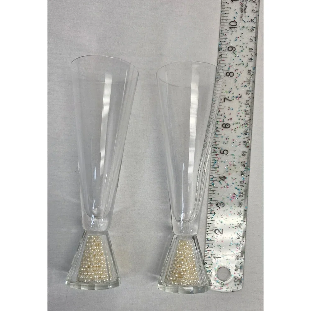 Pair of Faux Pearl Filled Base Champagne Flutes Wedding Toasting Glasses